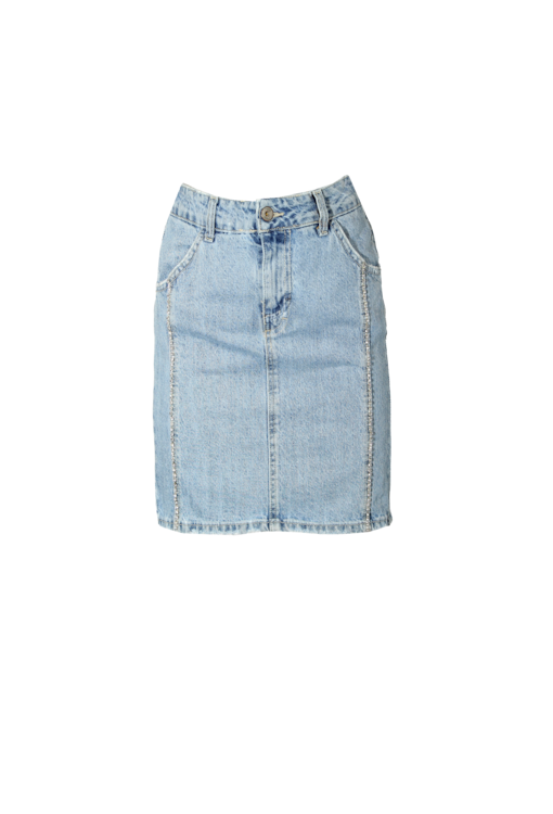 Saia denim curta com brilhantes