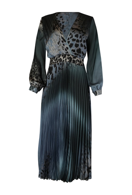 Vestido plissado com detalhes leopardo