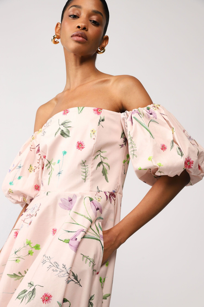 Vestido midi com decote bardot