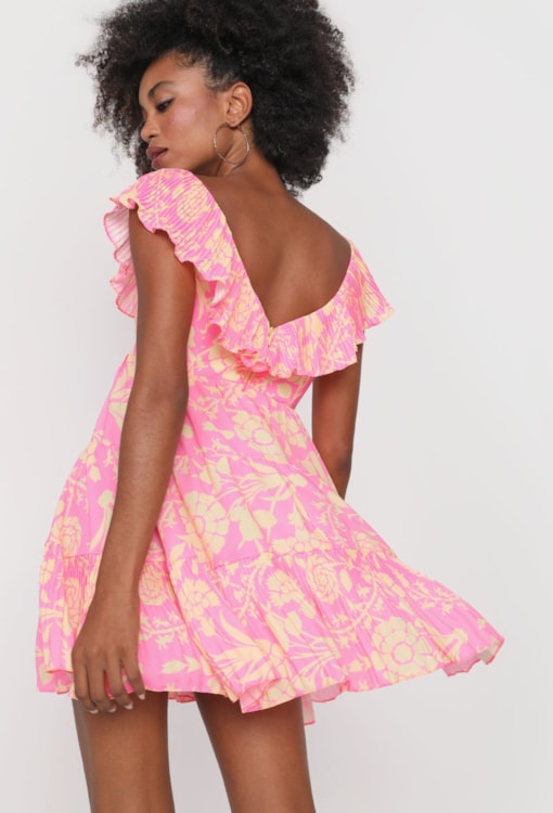 Vestido Curto Floral Plissado